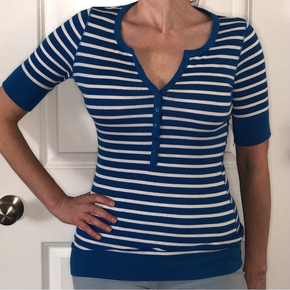 Original Self Esteem 🦋 Sticker on VTG Sz M Blue White Stripe Waffle Henley - Picture 1 of 9